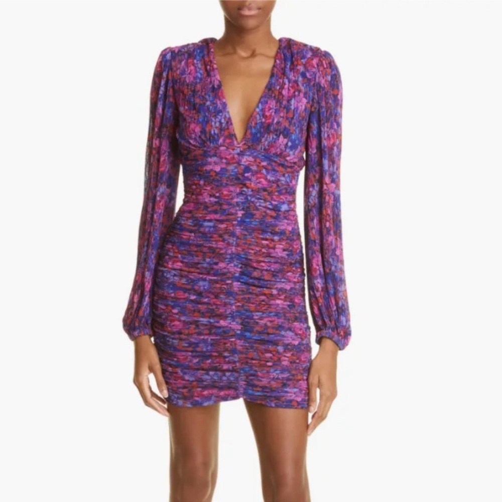 REBECCA VALLANCE Cherry Bomb Floral Print Shirred Long Sleeve Mini Dress 2 NWOT